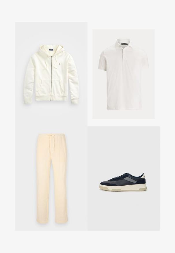 Biela zipsová mikina s kapucňou na šnúrku, predné vrecká, rebrované manžety a malá vyšitá logo na ľavej strane. Mäkká bavlnená tkanina.; Biely polo tričko s krátkym rukávom, golierom a zapínaním na dve gombíky, vystavené na jednoduchom svetlom pozadí.; Svetložlté, voľné nohavice vyrobené z mäkkej tkaniny, s elastickým pásom na šnúrku a rovnými nohavicami.; BOSS BALTIMORE - Tenisky - open blue