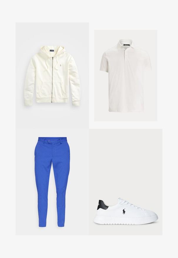 Sweatshirt branca com fecho de correr, capuz com cordão, bolsos frontais, punhos canelados e um pequeno logótipo bordado do lado esquerdo. Tecido de algodão macio.; Camiseta polo branca de mangas curtas com colarinho e botão de dois, exibida contra um fundo claro.; Calças ajustadas azuis, feitas de um tecido texturizado. Apresenta fecho com botão, passantes para cinto e tornozelos afinados para um design moderno.; Sapatilhas brancas de cano baixo com tabuleiro de calcanhar preto e logótipo da Polo Ralph Lauren em preto na lateral, apresentando atacadores brancos e sola de borracha grossa.