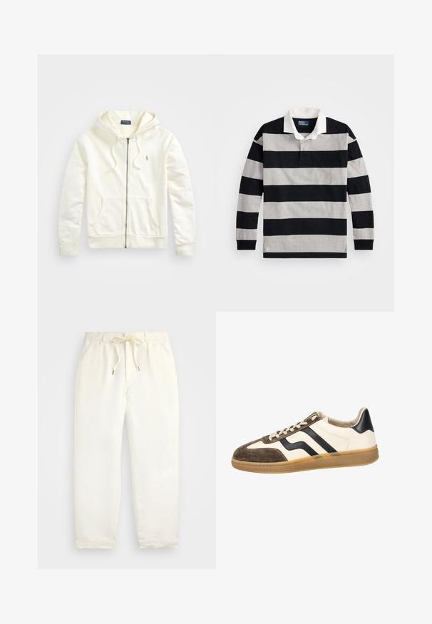 Valkoinen vetoketjuhuppari, jossa on kiristettävä huppu, etutaskut, ribbi-tumpit ja pieni brodeerattu logo vasemmalla puolella. Pehmeää puuvillakangasta.; Mustat ja harmaat raidalliset pitkät hihansuut polo-paita, jossa on valkoinen kaulus ja pieni logo korostus alahelmassa. Pehmeää puuvillaa.; Vaalean kermanväriset, rentoihin housut pehmeästä kankaasta. Ominaisuuksia ovat joustava vyötärönyöri, ja kavennetut lahkeet.; Kengät, joissa on kermaisen värinen nahkapinta, ruskea mokkanahkainen kärki ja mustat raidalliset yksityiskohdat. Teksturoitu kumipohja, jossa on kumimainen väri. Tasaiset kengännauhat.