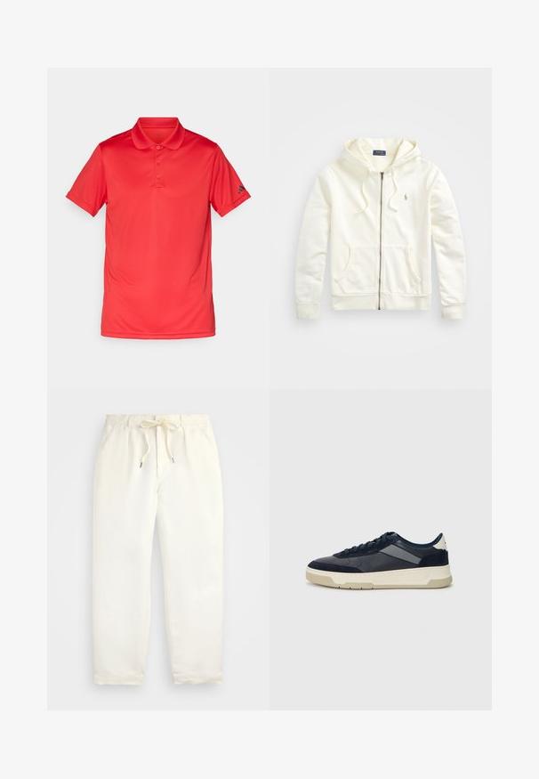 Fehér cipzáras kapucnis pulóver, zsinóros kapucnival, elülső zsebekkel, bordázott mandzsettákkal és egy kis hímezett logóval a bal oldalon. Puha pamut anyag.; Piros, rövid ujjú pólóing három gombbal és gallérral, a bal ujján egy apró fekete logóval, fehér háttér előtt bemutatva.; Világos krém színű, puha anyagból készült könnyed nadrág. Rugalmas derékpánttal és húzózsinórral rendelkezik, valamint keskenyített lábdesign jellemzi.; BOSS BALTIMORE - Sportcipő - open blue