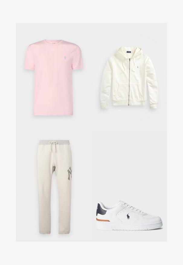 Bílá mikina na zip s kapucí na šňůrku, předními kapsami, žebrovanými manžetami a malým vyšívaným logem na levé straně. Měkká bavlněná látka.; Polo Ralph Lauren CUSTOM SLIM FIT JERSEY CREWNECK T-SHIRT - Jednoduché tričko - hint of pink; Svetlé béžové tepláky s šedým elastickým pasem, stahovací šňůrkou, bočními kapsami a tmavě šedou grafikou na levém stehně.; Bílé tenisky s texturovaným koženým svrškem, námořnický akcent na patě, perforovaný špička a oranžový detail na mezipodešvi. Obsahují logo na boku.