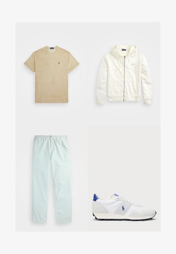 Λευκή φερμουάρ ζακέτα με κουκούλα με κορδόνι, μπροστινές τσέπες, ριμπ μανσέτες και μικρό κεντητό λογότυπο στη αριστερή πλευρά. Μαλακό βαμβακερό ύφασμα.; Μπεζ κοντομάνικη μπλούζα φτιαγμένη από μαλακό υλικό. Διαθέτει στρογγυλή λαιμόκοψη και ένα μικρό ναυτικό λογότυπο κεντημένο στο αριστερό στήθος.; Ανοιχτό μπλε παντελόνι χαλαρής εφαρμογής με ελαστική μέση, διαθέτοντας πλαϊνές τσέπες και ένα κουμπί στο μπροστινό μέρος.; Λευκά αθλητικά παπούτσια με γκρι σουέτ λεπτομέρειες, διχτυωτό επάνω μέρος, μπλε ταμπά στην φτέρνα και μαυρό καουτσούκ σόλα. Διαθέτουν κλείσιμο με κορδόνια και λογότυπο.