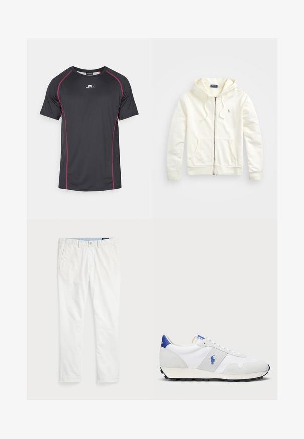 Balts zip-up džemperis ar kapuci ar aukliņu, priekšējām kabatām, ribotiem piedurkņu galiem un mazu izšūtu logotipu kreisajā pusē. Mīksts kokvilnas audums.; Īsām piedurknēm sporta T-krekls, izgatavots no melnas sintētiskas auduma ar rozā kontrastšuvēm un mazu balto logotipu centrā.; Baltās kokvilnas chinos bikses ar gludu priekšu, jostu cilpām, divām sānu kabatām un vienu aizmugures kabatu. Gluda tekstūra ar taisnu kāju.; Baltas sporta apavi ar pelēku zamšādas akcentu, sieta augšdaļu, zilu papēža cilpu un melnu gumijas zoli. Iespējams, ir auklu aizdare un logo.
