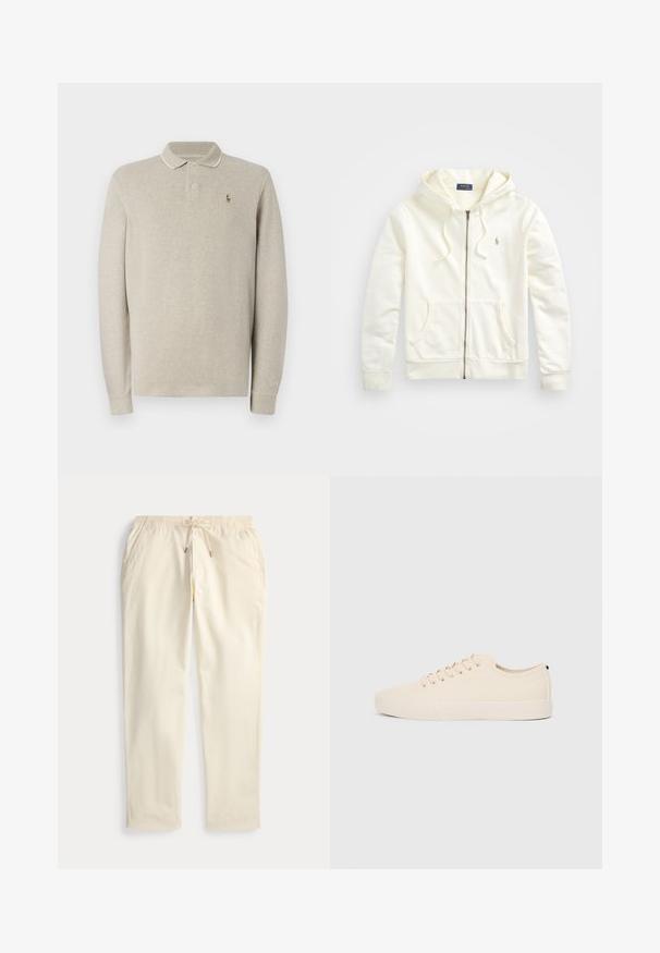 Hvit hettegenser med glidelås, snøring på hetten, frontlommer, ribbede cuffs og en liten brodert logo på venstre side. Myk bomullsstoff.; Langermet beige polo skjorte laget av myk bomull, med et sydd logo på brystet og kontrasterende detaljer på kragen og ermene.; Kremfargede rettbente bukser med elastisk liv og snor, med lommer foran, lagt flatt på en hvit bakgrunn.; Beige lerretsko med rund tå, flat gummisåle og snøring foran. Har et minimalistisk design og en kontrasterende svart detalj ved hælen.