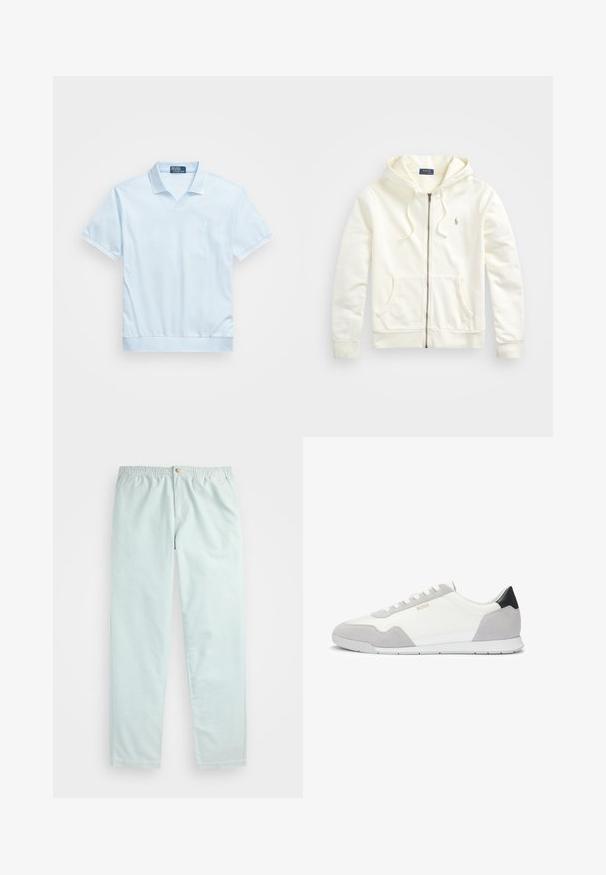 White zip-up hoodie with a drawstring hood, front pockets, ribbed cuffs, and a small embroidered logo on the left side. Soft cotton fabric.; Light blue polo shirt with short sleeves, v-neck collar, and ribbed cuffs. Features a subtle logo on the chest and a straight hem.; Light blue, relaxed-fit trousers with an elastic waistband, featuring side pockets and a single button closure at the front.; Men's sneakers in white textile with gray suede accents and black heel. Features a lace-up design and a textured rubber sole.