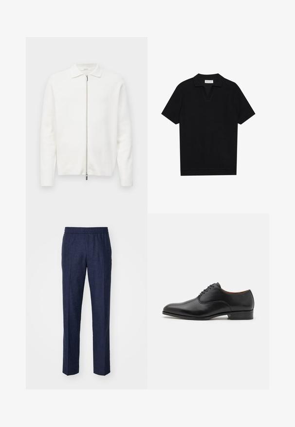 Cardigan branco de manga longa com fecho éclair, com colarinho e uma frente prateada, apresentando um design minimalista.; Polo preto de manga curta com tecido texturizado e canelado, apresentando um decote em V e uma bainha reta. Sem logótipos ou padrões visíveis.; Calças de linho azul marinho com cintura elástica, design de perna reta e sem padrões ou detalhes de hardware visíveis. Textura suave.; Sapato de couro preto com um acabamento suave, bico apontado e design de amarração com seis ilhós, apresentando um salto baixo e detalhes de costura sutis.