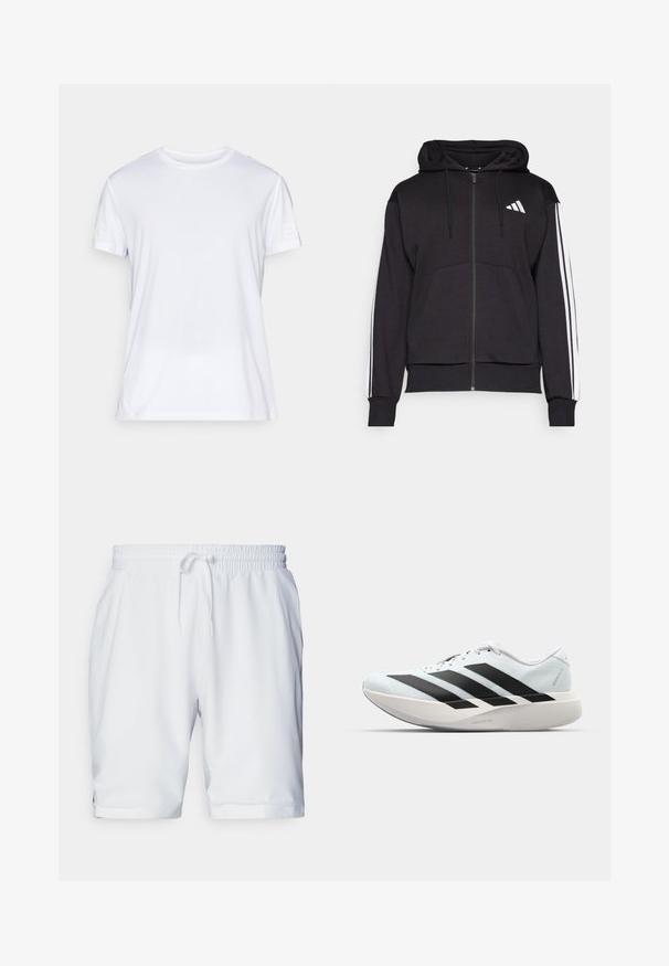 Mustale tõmbluku hoodie, millel on nööriga kapuuts, esikotid ja valged triibud varrukatel. Adidas logo vasakul rinna kohal.; Valge lühikeste varrukatega T-särk, mis on valmistatud kergest kangast. Omab ringlõike ja diskreetset tekstuurset mustrit. Logo on trükitud varrukale.; Valged sportlikud lühikesed püksid elastse vöökohaga ja reguleeritava paelaga. Sile kangas, millel on peen struktuur, ja küljetaskud.; Kerged jooksujalatsid helesinises värvuses mustade triipudega. Omavad siledat pealispinda, ümarat varvase osa ja paksu valget vahemõõtu, millel on silt "LIGHTSTRIKE PRO".