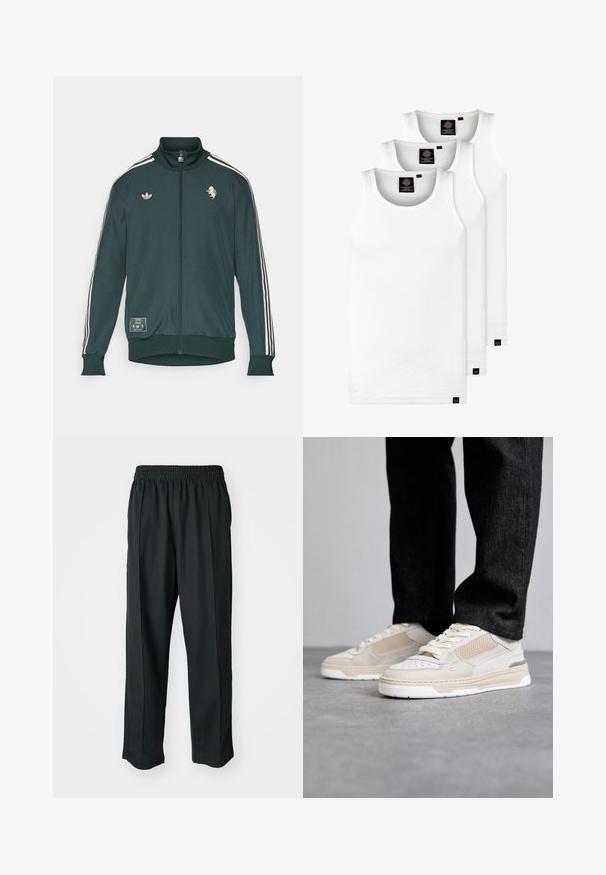 Chaqueta verde con cremallera y cuello alto, tres rayas blancas en las mangas, parches de logo, puños y cintura acanalados, hecha de una tela suave.; Tres camisetas sin mangas de algodón de color blanco con canalé. Cuentan con cuello redondo y pequeñas etiquetas negras cerca del dobladillo. Disponibles en múltiples tamaños.; Pantalones deportivos negros con cintura elástica, confeccionados en tela suave, que presentan costuras laterales sutiles y un ajuste relajado, diseño de pierna recta.; Filling Pieces CRUISER CRUMBS - Zapatillas - white