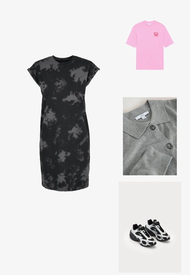 Szary, dzianinowy kardigan z płaskim kołnierzem, dwoma ciemnymi guzikami, ściągaczami przy mankietach i miękką teksturą. Metka z nazwą marki "NEXT".; Czarna sukienka z krótkim rękawem z wzorem tie-dye w różnych odcieniach szarości, wykonana z miękkiego materiału o luźnym kroju.; Różowa bawełniana koszulka z krótkim rękawem, ozdobiona czerwoną grafiką motyla oraz napisem "OBSCURE FUTURE" na lewym piersi.; Czarno-srebrne buty sportowe z siateczkową i syntetyczną cholewką, z charakterystycznym falistym wzorem oraz wyściółką wokół kostki, z poduszką powietrzną w podeszwie.