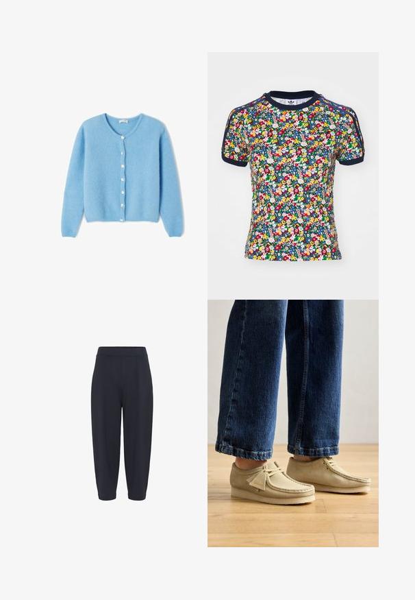 American Vintage VITO - Adīta jaka - atmosphere chine; Ziedu raksta īsām piedurknēm kreklā tumši zila krāsā, ar spilgtiem ziediem uz tumša fona, noapaļota kakla izgriezums un kontrastējošas maliņas gar piedurknēm.; Jūras zilās saplacinātās bikses ar elastīgu jostu, ar vidus krokām, gludu tekstūru un potītes garumu.; Bēša zamšāda apavi ar apaļām purngalām un zemu profilu. Iezīmēts ar auklu dizainu un izšūtiem akcentiem. Nēsāti ar īsām zilām džinsiem.