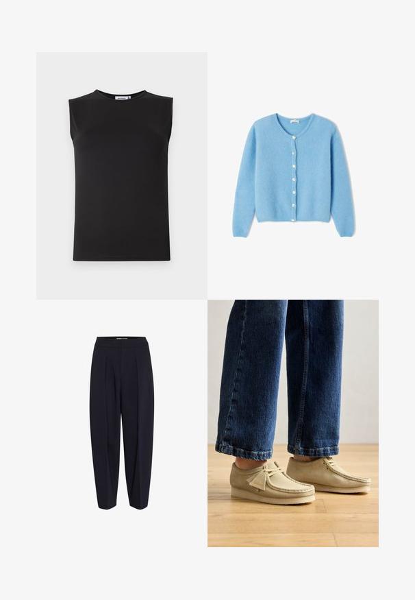 American Vintage VITO - Vest - atmosphere chine; Zwarte mouwloze top van gladde, rekbare stof. Heeft een ronde halslijn en een getailleerd silhouet. Geen zichtbare patronen of accenten.; Marineblauwe broek met een hoge taille, voorzien van voorplooien en een tapse pasvorm. Gemaakt van een soepele stof zonder zichtbare hardware of patronen.; Beige suède schoenen met ronde neuzen en een lage profiel. Beschikt over een vetersluiting en gestikte accenten. Draagt met cropped blauwe jeans.