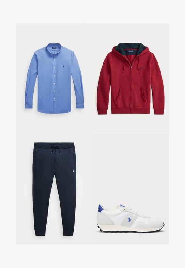 Červená mikina na zips s predným vreckom, kapucňa s podšívkou zo zeleno-modrej károvanej látky. Logo na ľavej strane hrudníka. Mäkká textúra látky.; Svetlomodrá košeľa s dlhým rukávom a golierom na gombíky, bielymi gombíkmi a malou vyšitou značkou na ľavej hrudi. Hladká textúra.; Námornícke jogger nohavice vyrobené z jemnej bavlnenej zmesi, s nastaviteľným pásom, zipsovými vreckami a malým logom na ľavom stehne.; Biele atletické tenisky s šedými semišovými akcentmi, sieťovinovou vrchnou časťou, modrým pútkom na podpätku a čiernou gumovou podrážkou. Obsahujú šnurovací systém a logo.