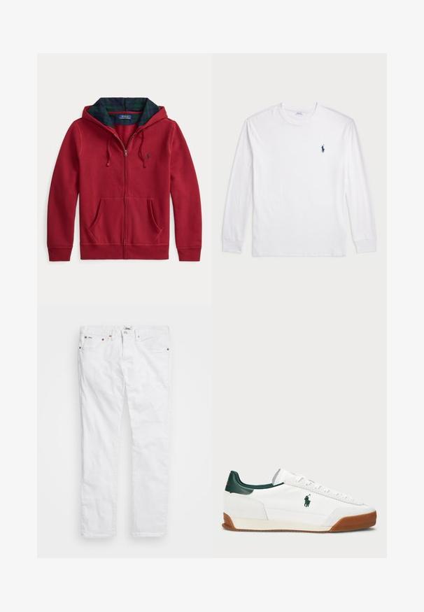 Rød hettegenser med glidelås og lomme foran, med hette foret med grønt og blått rutete stoff. Logo på venstre brystområde. Myk stofftekstur.; Hvit langermet T-skjorte laget av bomull. Har rund hals, ribbestrikkede mansjetter, og en liten marineblå polo-logo på venstre bryst.; Polo Ralph Lauren SULLIVAN SLIM STRETCH JEANS - Jeans slim fit - white; Hvite sneakers med grønne lærdetaljer og en tan gummisåle. Har en stoffoverdel og en fremtredende logo på siden. Snøring.