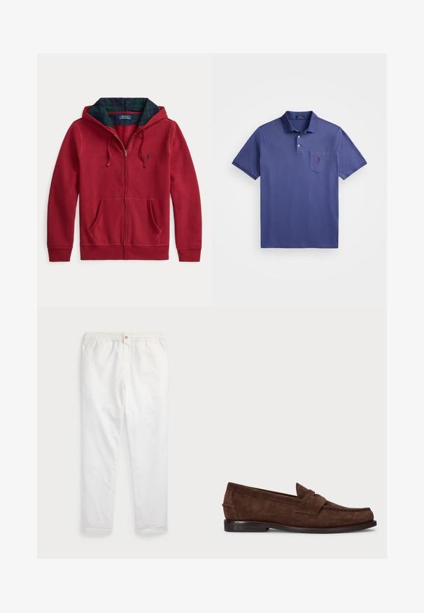 Hanorac roșu cu fermoar și buzunar frontal, având o glugă căptușită cu material în carouri verde și albastru. Logo pe partea stângă a pieptului. Textură moale a materialului.; Cămașă polo mov din bumbac, cu un guler cu trei butoane, mânecile scurte și un buzunar pe piept cu un logo brodat roșu.; Pantaloni albi din bumbac cu un tiv elastic la talie, dotat cu un singur buton aurit, design drept, textură netedă și fără modele vizibile.; Mocasini maro din suede, cu o textură fină, cusături în stil mocasin, toc mic și o bandă decorativă în partea din față.