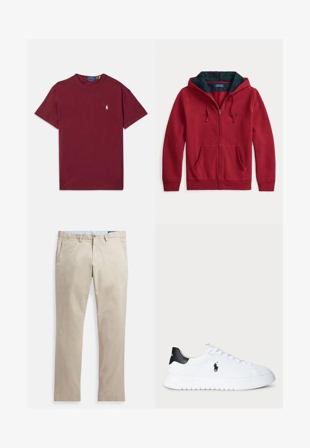Raudonas su užtrauktuku megztinis su gobtuvu, priekyje kišenė, gobtuvas su pamušalu žaliai mėlynos languotos medžiagos. Logotipas kairėje krūtinės pusėje. Minkštos medžiagos faktūra.; Bordovos spalvos medvilninis marškinėliai su trumpomis rankovėmis, apvaliu iškirpimu ir siuvinėtu baltu logotipu kairiajame krūtinės pusėje. Lygi tekstūra ir klasikinis kaip.; Smėlio spalvos medvilniniai chino stiliaus kelnės su lygiu paviršiumi, turinčios šonines ir nugarines kišenes, užsegamos mygtuku, tiesaus kirpimo.; Balti žemesnio profilio sportiniai bateliai su juodu kulno užtrauktuku ir juodu Polo Ralph Lauren logotipu šone, su baltais raišteliais ir storu guminiu padu.