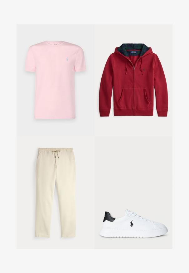 Sweat à capuche rouge zippé avec une poche avant, doté d'une capuche doublée en tissu à carreaux verts et bleus. Logo sur la poitrine gauche. Texture de tissu doux.; Polo Ralph Lauren CUSTOM SLIM FIT JERSEY CREWNECK T-SHIRT - T-shirt basique - hint of pink; Pantalon décontracté off-white avec taille élastique et cordon de serrage, jambes droites et poches latérales sur un fond uni.; Baskets basses blanches avec un onglet de talon noir et un logo Polo Ralph Lauren noir sur le côté, présentant des lacets blancs et une semelle en caoutchouc épaisse.