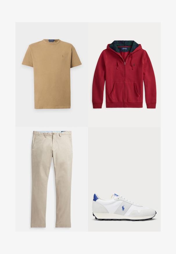 Červená mikina na zip s předním kapsou, s kapucí vyloženou zelenou a modrou kostkovanou látkou. Logo na levé straně hrudi. Měkká textilie.; Hnědé bavlněné tričko s kulatým výstřihem a krátkými rukávy. Má malé vyšívané logo na levé hrudi. Hladká textura.; Béžové bavlněné chinosky s hladkou texturou, vybavené postranními a zadními kapsami, zapínáním na knoflíky a rovnými nohavicemi.; Bílé atletické tenisky se šedými semišovými akcenty, vrchní část z yesu, modrý pata a černá gumová podrážka. Disponují šněrováním a logem.