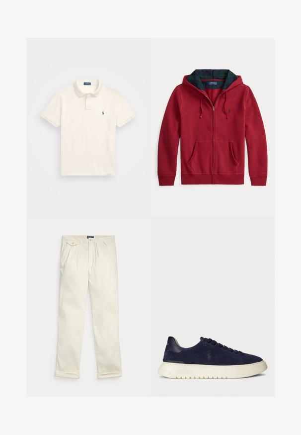 Rød hettegenser med glidelås og lomme foran, med hette foret med grønt og blått rutete stoff. Logo på venstre brystområde. Myk stofftekstur.; Polo Ralph Lauren SLIM FIT POLO SHIRT - Poloskjorter - herbal milk; Kremfargede kordfløyelsbukser med folder, sidelommer, knapplomme med klaff og brettede mansjetter, lagt flatt på hvit bakgrunn.; Marineblå semsket lavsko med en teksturert overflate, gummisåle og tonede snører, med en liten logo på siden og hælen.