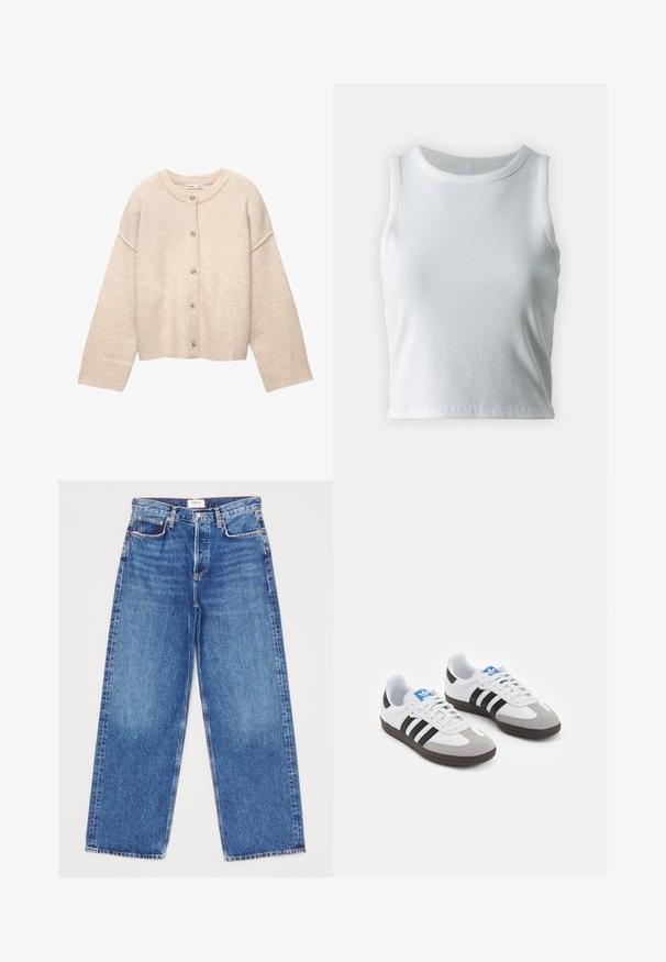 Beige knitted cardigan with a round neck, central button closure, and ribbed cuffs. Soft texture and loose fit with dropped shoulders.; White ribbed tank top with a round neckline and sleeveless design, featuring a straight hem and a smooth, stretchy texture.; Denim wide-leg jeans in medium blue wash with five pockets, straight legs, and top-stitching details. Brand tag visible at the waistband.; Sport shoes with a white leather upper, gray suede toe, and three black stripes. Features a blue logo on the tongue and a textured rubber sole.