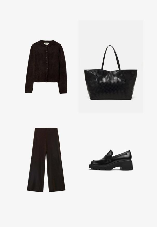 Ciemnobrązowy kardigan z okrągłym dekoltem, zapięciem na guziki i długimi rękawami. Wykonany z miękkiego materiału dzianinowego, charakteryzującego się gładką teksturą.; Granatowa satynowa koszula z długim rękawem, z kołnierzykiem, guziczkami z przodu i kieszeniami po bokach. Gładka tekstura i dopasowany krój.; Czarne szerokie spodnie z miękkiego materiału, z wysokim stanem i gładką teksturą, charakteryzujące się czystymi liniami i bez widocznych zapięć.; Czarne skórzane loafery na grubej podeszwie z szerokim obcasem i paskiem na górze, zaprezentowane z boku na białym tle.; Czarna pleciona torba na ramię z dwoma mocnymi uchwytami, charakteryzująca się błyszczącą powierzchnią i przestronnym otwartym topem.