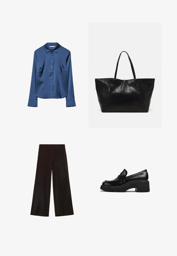 Tamno smeđi kardigan s okruglim izrezom, zatvaranjem na dugmad i dugim rukavima. Izrađen od mekog pletenog materijala, s glatkom teksturom.; Majica dugih rukava od tamnoplave satenske tkanine s kragnom, prednjim gumbima i bočnim džepovima. Glatka tekstura i kroj koji prati liniju tijela.; Crne široke hlače napravljene od mekog materijala, s visokim strukom i glatkom teksturom, s čistim linijama i bez vidljivih kopčanja.; Crna kožna loaferica s debelim potplatom i chunky petom, s trakom preko gornjeg dijela, prikazana sa strane na bijeloj pozadini.; Crna tkana torba s dva čvrsta držača, s sjajnom teksturom i prostornim dizajnom bez zatvaranja.