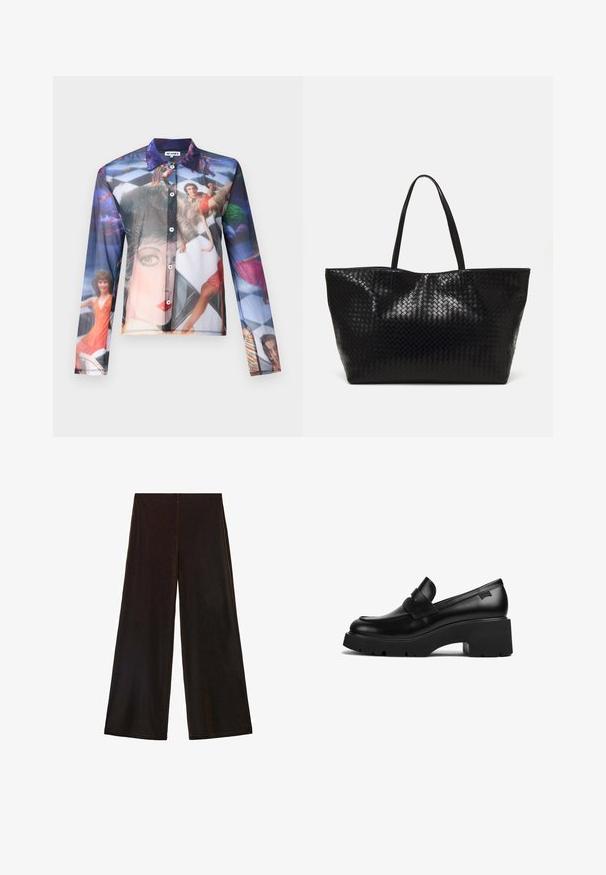 Dark brown cardigan with a round neckline, button closure, and long sleeves. Made of soft knit material, featuring a smooth texture.; Sheer button-up shirt featuring a colorful photographic print of people in dynamic poses, with a classic collar and long sleeves.; Black wide-leg trousers made of soft fabric, featuring a high waist and smooth texture with clean lines and no visible fastenings.; Black leather chunky-heeled loafer with thick sole and a strap detail across the top, shown from the side on a white background.; Black woven tote bag with two sturdy handles, featuring a glossy texture and a spacious open top design.