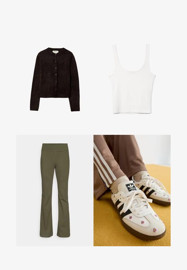 Temno rjav cardigan z okroglim vratnim izrezom, gumbi in dolgimi rokavi. Narejen iz mehke pletene tkanine, ki ima gladko teksturo.; Bela bombažna majica brez rokavov s kroglasto izrezom in prilegajočim krojem. Gladka tekstura, enostavna zasnova in minimalne šivanske podrobnosti.; Champion ICONS HIGH WAIST FLARE LEGGINGS - Pajkice - dark green; Bež usnjeni športni copati s tremi črnimi črtami in cvetličnim vezenjem v vijolični in rumeni barvi. Rjav gumijast podplat. Združeni z bež rebrastimi nogavicami.