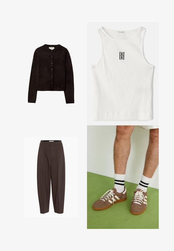 Tamno smeđi kardigan s okruglim izrezom, zatvaranjem na dugmad i dugim rukavima. Izrađen od mekog pletenog materijala, s glatkom teksturom.; Bijela rebrasta majica bez rukava s crnim izvezenim logotipom u središtu prsnog dijela. Izrez i otvori za ruke su finiširani suptilnim obrubom.; Smeđe plisse hlače s visokim strukom, izrađene od glatkog, teksturiranog materijala i suženih nogavica, pružaju opušteni kroj.; Smeđe nubuk tenisice s bijelim detaljima i vezicama. Gumeni potplat. Nosene s bijelim čarapama s crnim prugama. Zeleno teksturirano pod.