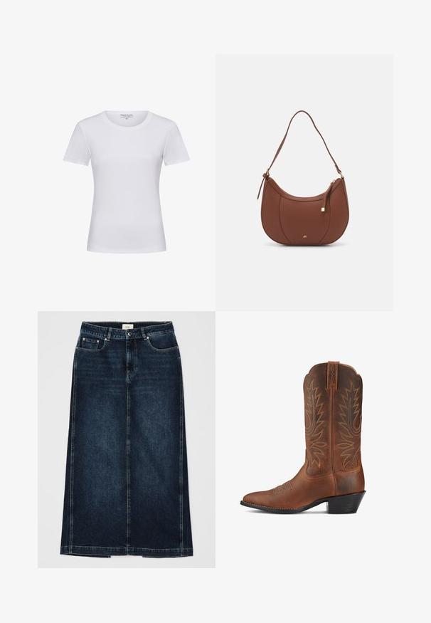 Dunkelbraune Strickjacke mit rundem Ausschnitt, Knopfschluss und langen Ärmeln. Hergestellt aus weichem Strickmaterial mit einer glatten Textur.; Weißes Kurzarm-T-Shirt aus weichem Baumwollstoff, mit einem klassischen Rundhalsausschnitt und einer glatten, einfarbigen Oberfläche ohne Muster.; Dunkelblauer Denimrock in gerader Form, knielang. Verfügt über Fronttaschen, einen Reißverschluss und dezente Nähte entlang der Säume.; Braune Leder-Cowboy-Stiefel mit spitzem Zeh, dekorativen Nähten und subtilen Blattmustern. Verfügt über einen niedrigen Absatz und verstärkte Zuglaschen.; Braune Kunstleder-Schultertasche mit geschwungener Form, minimaler Naht und goldfarbener Hardware-Akzent. Verfügt über einen oberen Reißverschluss und einen verstellbaren Trageriemen.