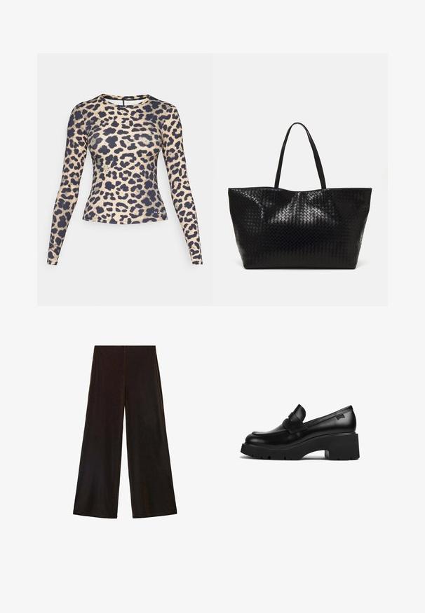Tamno smeđi kardigan s okruglim izrezom, zatvaranjem na dugmad i dugim rukavima. Izrađen od mekog pletenog materijala, s glatkom teksturom.; Dugih rukava majica s leopard uzorkom u bež i crnoj boji. Ima zaobljen dekolte i strukiran kroj. Glatka, elastična tkanina.; Crne široke hlače napravljene od mekog materijala, s visokim strukom i glatkom teksturom, s čistim linijama i bez vidljivih kopčanja.; Crna kožna loaferica s debelim potplatom i chunky petom, s trakom preko gornjeg dijela, prikazana sa strane na bijeloj pozadini.; Crna tkana torba s dva čvrsta držača, s sjajnom teksturom i prostornim dizajnom bez zatvaranja.