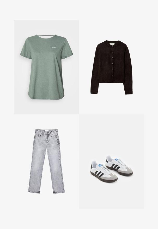 Temno rjav cardigan z okroglim vratnim izrezom, gumbi in dolgimi rokavi. Narejen iz mehke pletene tkanine, ki ima gladko teksturo.; Zeleno kratkotrajno majico s kratkimi rokavi in okroglim ovratnikom ter Roxy logotipom, natisnjenim v beli barvi. Narejena iz mehkega, strukturiranega blaga z udobnim krojem.; Sive traperice z ravnim krojem, z obdelanimi detajli, petimi žepi in bakrenimi zakovicami. Pas ima oznako z logotipom.; Športni čevlji z belim usnjenim zgornjim delom, sivim semišem na prstih in tremi črnimi črtami. Imajo modro logo na jeziku in teksturiran gumijast podplat.