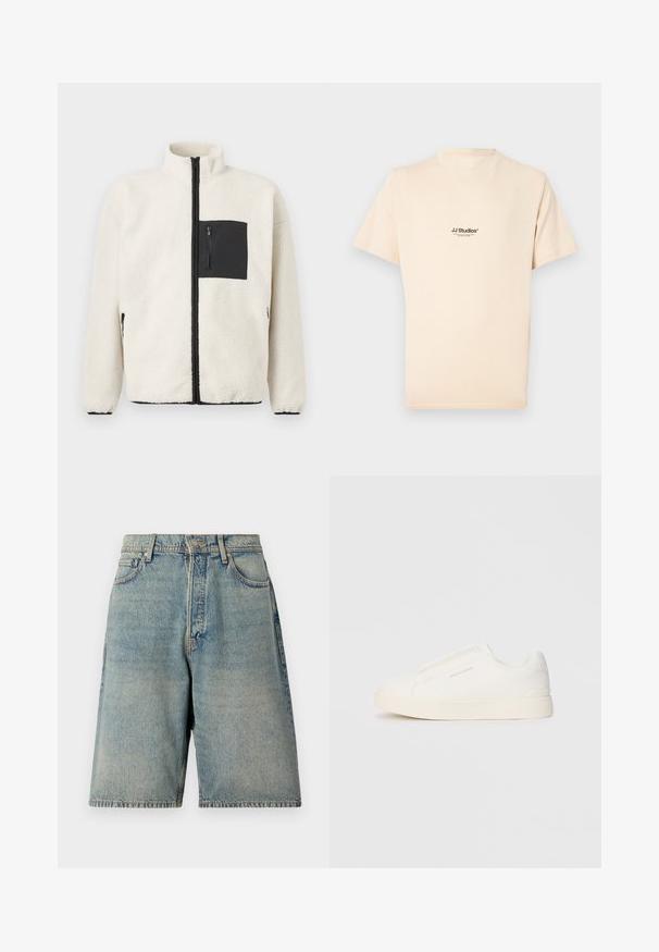 Kreemivärvi fliiskoot, millel on must tõmblukuga rinna-tasku, kõrge krae ja mustad tõmbluku detailid esitükil ja taskutel.; Lühikeste varrukatega, kreemivärvi puuvillane t-särk ümara kaelakaelusega. Rinnal on väike must logo.; Heledad sinine teksatagi, millel on mugav lõige, viis taskut, esine nupuga sulgemine ja ebaühtlane ääreline.; Valged libisemiskindlad tossud tekstuuriga pinnaga, paksu tallaga ja minimalistikus disainis. Küljel on brändi logo.