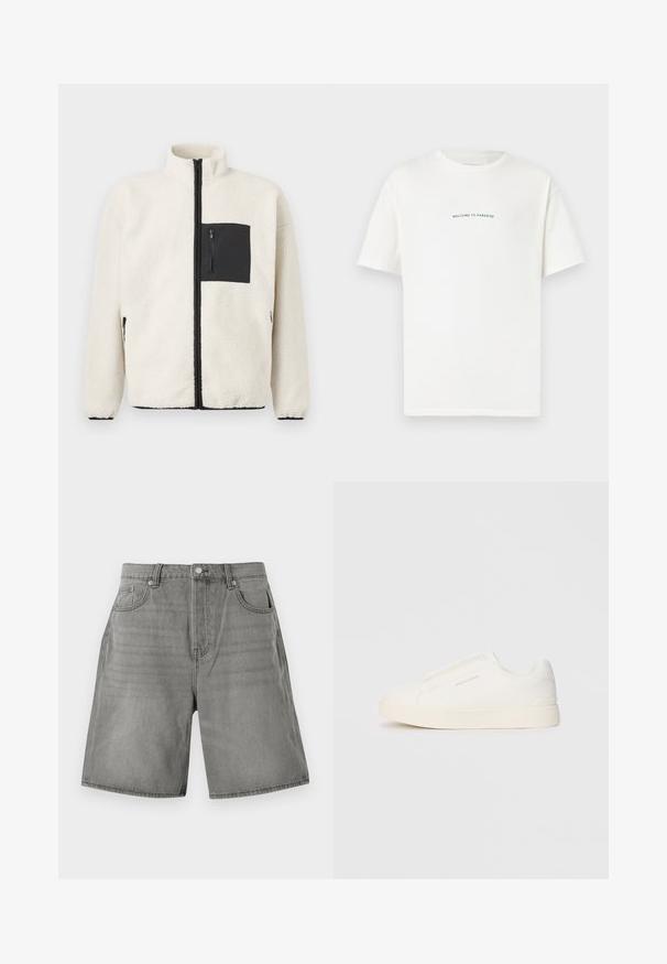 Krém színű fleece dzseki, fekete cipzáras mellzsebből, magas gallérból és fekete cipzáras részletekből áll az elején és a zsebeknél.; Fehér pamut póló rövid ujjal és kerek nyakkal. Középre elhelyezett szöveg olvasható: "ÜDVÖZÖLJÜK A PARADICSOMBAN" íves zöld betűtípussal.; Szürke farmer sort klasszikus öt zsebes kialakítással, felhajtott szegéllyel és gombos záródással. Az anyag enyhén kopott textúrával rendelkezik.; Fehér slip-on sportcipők texturált felülettel, vastag talppal és minimalista dizájnnal. Az oldalon a márka logója található.