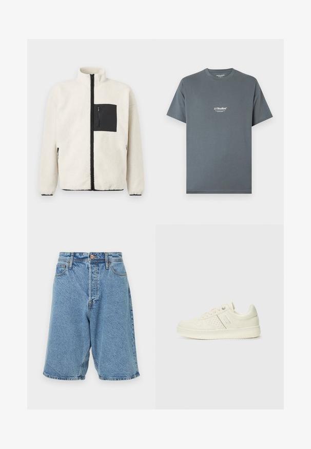 Fleecejakke i kremfarge, med en svart glidelås lommedetalj på brystet, høy krage og svart glidelåsdetalj langs fronten og lommene.; Grå bomulls-T-skjorte med rund hals. Har hvit "JJ Studios"-logo på brystet. Korte ermer og en avslappet passform.; Lys blå denimshorts med en falmet tekstur. Har en knappelukking foran, beltesløyfer og sidelommer. Kraftig søm detaljer.; Kremfargede sneakers med perforerte detaljer, snøring og logo på siden, vist mot en enkel hvit bakgrunn.