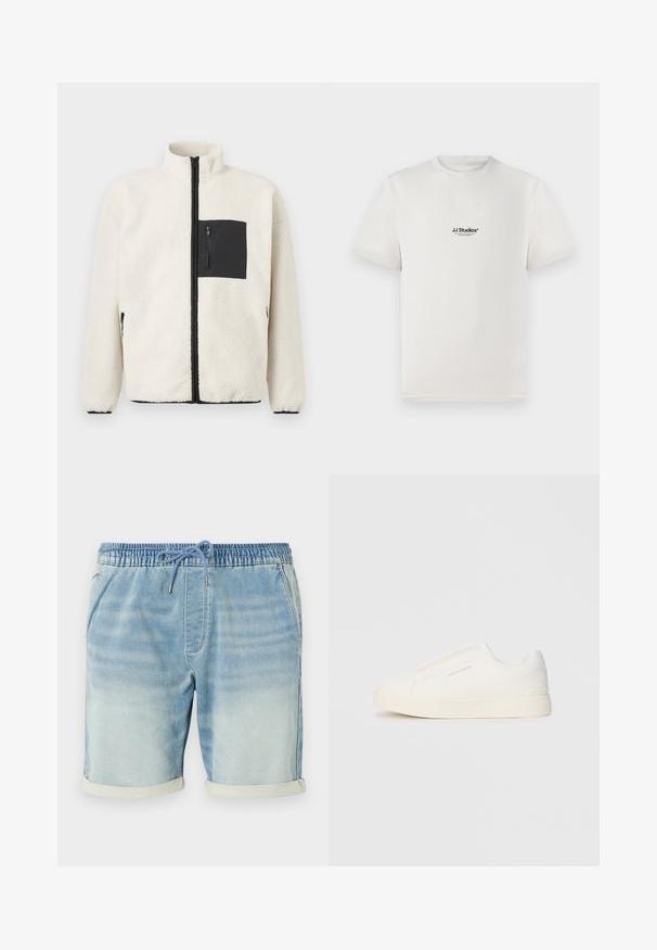 Φλις ζακέτα σε κρέμα, με μαύρη τσέπη στο στήθος με φερμουάρ, ψηλό γιακά και μαύρες λεπτομέρειες φερμουάρ κατά μήκος του μπροστινού μέρους και των τσεπών.; Λευκό βαμβακερό μπλουζάκι με κοντά μανίκια, με μαύρο λογότυπο "JJ Studios" στο στήθος. Στρογγυλή λαιμόκοψη και κανονική εφαρμογή.; Ανοιχτό μπλε τζιν σορτσάκια με ελαστική μέση, κλείσιμο με κορδόνι, πλαϊνές τσέπες και προσαρμοσμένα τελειώματα. Λείος υφή.; Λευκά slip-on παπούτσια με υφή, παχύ πάτο και μινιμαλιστικό σχέδιο. Φέρει το λογότυπο της μάρκας στο πλάι.
