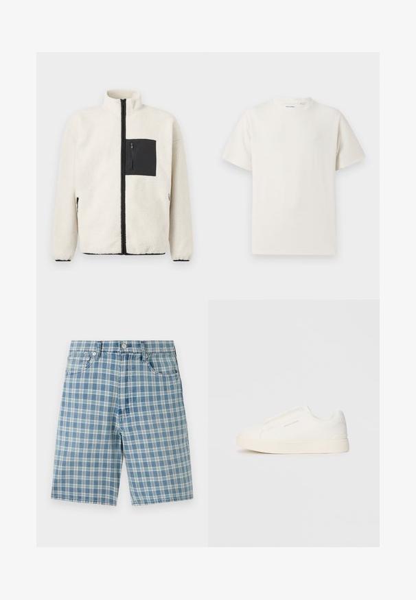 Kreemivärvi fliiskoot, millel on must tõmblukuga rinna-tasku, kõrge krae ja mustad tõmbluku detailid esitükil ja taskutel.; Valge lühikeste varrukatega T-särk ribakudumises. Ümar kaelus, mugav lõige, nähtavad mustrid ega aksessuaarid puuduvad. Lihtne ja mitmekesine disain.; Heledad sinine ruuduline lühike püksid, mis on valmistatud puuvillasegistusest. Neil on viis taskut, nööbiga sulgemine ja vabalt langev lõige. Tekstuur on sile ja pehme.; Valged libisemiskindlad tossud tekstuuriga pinnaga, paksu tallaga ja minimalistikus disainis. Küljel on brändi logo.