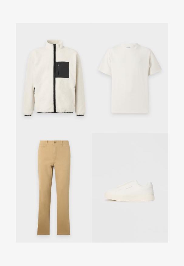 Jachetă de fleece în crem, cu un buzunar pe piept cu fermoar negru, guler înalt și detalii cu fermoar negru pe față și buzunare.; Tricou alb cu maneci scurte, dintr-un material ribbed. Guler rotund, croi lejer, fără modele sau accente vizibile. Design simplu și versatil.; Pantaloni bej cu croi drept, din bumbac, având închidere cu nasture, buzunare frontale și o textură netedă.; Tenisi albi slip-on cu o suprafață texturată, talpă groasă și un design minimalist. Prezintă logo-ul brandului pe lateral.