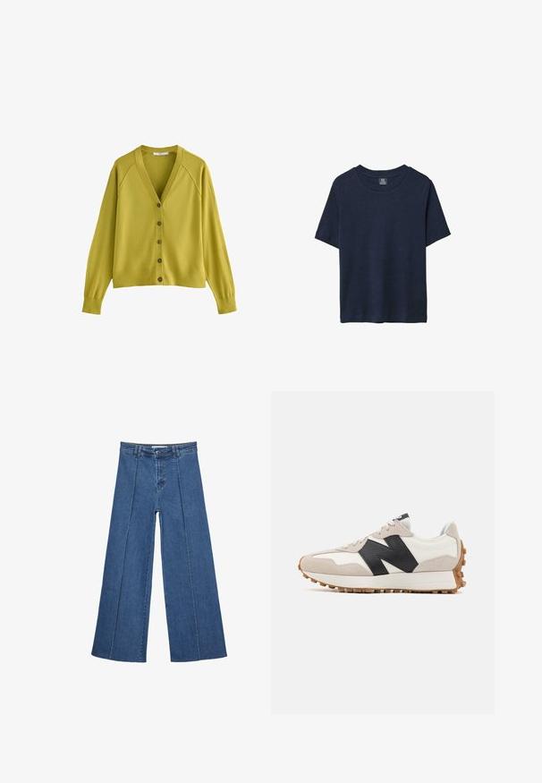 Gul-grön kofta i mjukt material, med djup V-hals, långa ärmar och en rad stora, mörka knappar fram.; Mörkblå bomulls-T-shirt, kortärmad, rund halsringning, ledig passform, slät textur, inga synliga mönster eller designdetaljer.; Vidbenade denimjeans i medelblått, med hög midja, knäppning och kontrasterande vertikala sömdetaljer längst fram.; Löparskor med en vit och beige överdel i mocka och läder, som har en stor svart logotyp, en gummisula och texturerade detaljer.