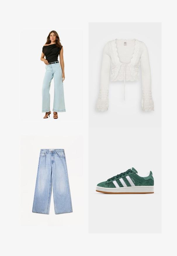 Cardigan bianco corto con una texture lavorata a maglia, bordi ondulati, maniche a campana lunghe e chiusura con cordino sul davanti.; Top nero scoperto sulle spalle, jeans baggy azzurri, e cintura nera. Modella indossa tacchi neri a strappo con una texture liscia.; Bershka WIDE-LEG - Wide Leg - light-blue denim; Sneaker in suede verde con strisce in pelle bianca, suola in gomma, collarino imbottito e design minimalista. Presenta il marchio sul lato.