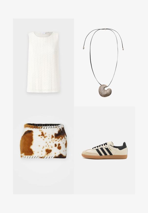 Bílý zkrácený cardigan s pletenou texturou, vlnitými okraji, dlouhými zvonovými rukávy a utahovací šňůrkou vpředu.; Krémový top bez rukávů s texturovaným pleteným vzorem, kulatým výstřihem a surovými okraji. Jednoduchý design a lehká tkanina. Neobsahuje žádné viditelné kovové prvky.; Hnědo-bílá pruhovaná látka s jemnou texturou, dokončená černým šněrováním podél okrajů.; Beige sportovní obuv s černými pruhy, gumovou podešví a černými akcenty. Disponuje hladkým koženým svrškem a zaobleným tvarem špičky.; Stříbrný přívěsek se spirálovým vzorem, texturovaným povrchem, zavěšený na černé šňůře se stříbrnými akcenty.