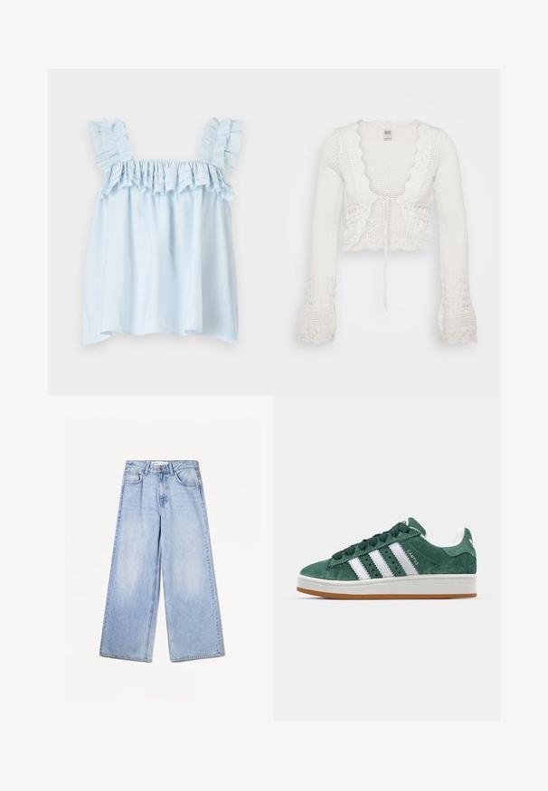 Witte cropped cardigan met een gebreide textuur, gegolfde randen, lange klokmouwen en een trekkoordsluiting aan de voorkant.; Lichtblauw mouwloos topje met gerimpelde schouderbanden en een gathered halslijn. Gemaakt van een lichte stof, met zachte texturen en een losse pasvorm.; Bershka WIDE-LEG - Wide leg - light-blue denim; Groene suède sneaker met witte leren strepen, rubberen zool, gepolsterde kraag en een minimalistisch ontwerp. Bevat merkbranding aan de zijkant.