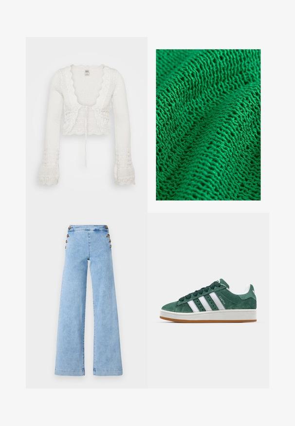 Baltas trumpas kardiganas su megztu raštu, bangomis apipjaustytais kraštais, ilgomis varpo formos rankovėmis ir virvute priekyje.; Žalias megztas audinys, pasižymintis tekstūruotu raštu su laisvu ir atviru vertimu, demonstruojantis plonus siūlus ir kelis matomus siūlus.; Šviesiai mėlynos džinsinės pločių kojų kelnės su aukštu liemeniu, su metaliniais mygtukų akcentais šonuose ir lygiu, šiek tiek nudėvėtu tekstūru.; Žalios zomšinės sportinės bateliai su baltomis odinėmis juostelėmis, guminėmis padangomis, paminkštintu kraštu ir minimalistiniu dizainu. Ant šono yra ženklas.