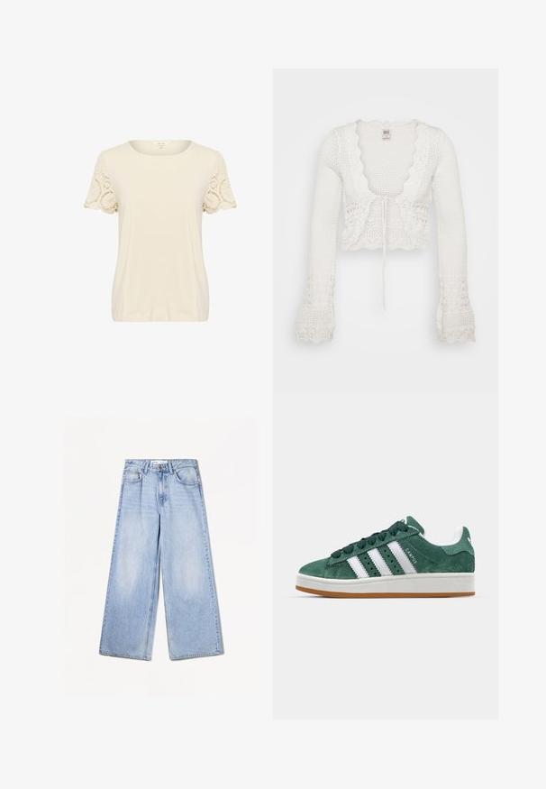 Bílý zkrácený cardigan s pletenou texturou, vlnitými okraji, dlouhými zvonovými rukávy a utahovací šňůrkou vpředu.; Krémové tričko s kulatým výstřihem a krátkými rukávy. Rukávy mají jemné krajkové detaily. Měkká, hladká látka a volný střih.; Bershka WIDE-LEG - Wide leg - light-blue denim; Zelené semišové tenisky s bílými koženými pruhy, gumovou podrážkou, polstrovaným límcem a minimalistickým designem. Na boku se nachází logo značky.
