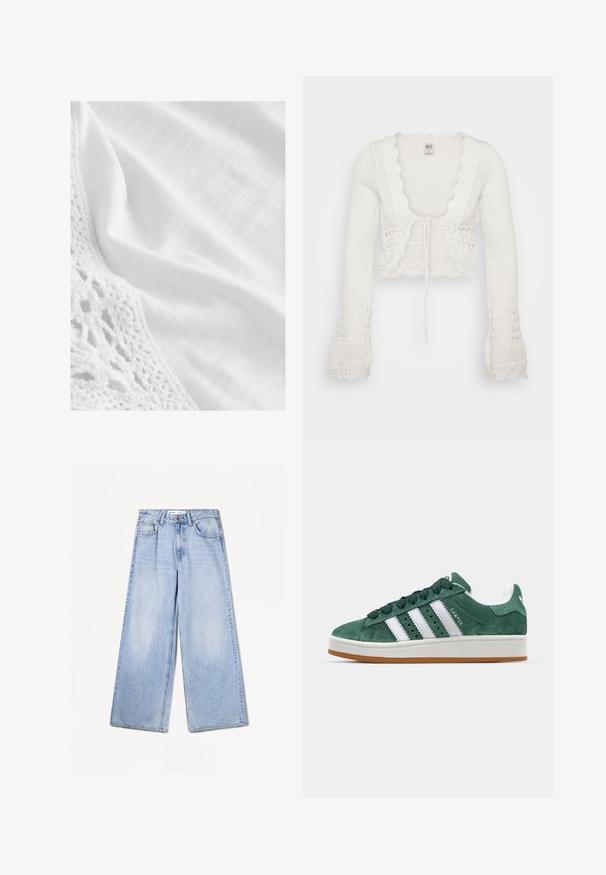 Weißer kurzer Cardigan mit gestrickter Textur, gewellten Kanten, langen Glockenärmeln und einer Kordelzugverschluss vorne.; Weißer Stoff mit einer strukturierten Spitze aus Häkelmuster, glatter Textur und einem leichten Glanz. Das Gesamtbild ist sauber und minimalistisch.; Bershka WIDE-LEG - Wide Leg - light-blue denim; Grüne Wildleder-Sneaker mit weißen Lederstreifen, Gummisohle, gepolsterter Kragen und minimalistischem Design. Mit Branding an der Seite.