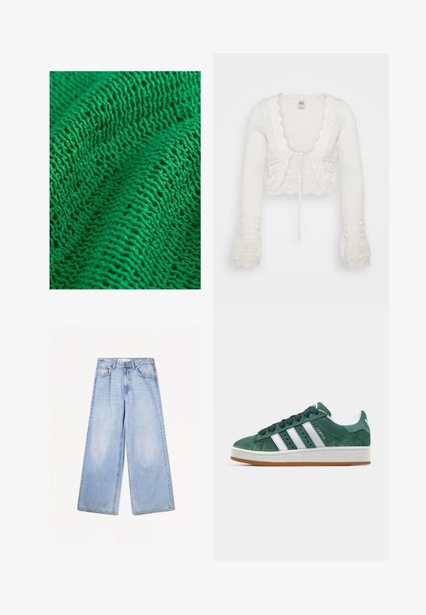 Witte cropped cardigan met een gebreide textuur, gegolfde randen, lange klokmouwen en een trekkoordsluiting aan de voorkant.; Groene gebreide stof met een gestructureerd patroon en een losse, open weving, die fijne garens en meerdere zichtbare steken toont.; Bershka WIDE-LEG - Wide leg - light-blue denim; Groene suède sneaker met witte leren strepen, rubberen zool, gepolsterde kraag en een minimalistisch ontwerp. Bevat merkbranding aan de zijkant.