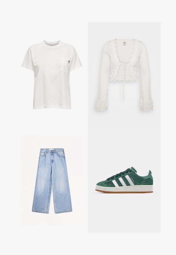 Hvid cropped cardigan med strikket tekstur, bølgede kanter, lange klokkeærmer og snøre-lukning fortil.; Hvid bomulds T-shirt med rund halsudskæring, korte ærmer, og en lomme på venstre bryst med en lille, grøn broderet palmetrædetalje.; Bershka WIDE-LEG - Wide leg - light-blue denim; Grønne ruskinds sneakers med hvide læderstriber, gummisål, polstret krave og minimalistisk design. Har branding på siden.