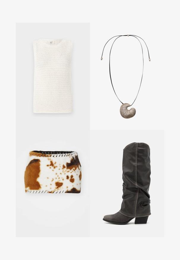 Biały krótki kardigan z dzianiny, z falbaniastymi brzegami, długimi dzwonami i ściągaczem z przodu.; Beżowy bezrękawnik z dzianiny z otwartym splotem i okrągłym dekoltem. Tkanina ma teksturowany wygląd.; Brązowy i biały materiał wzorzysty z motywem skóry bydlęcej o miękkiej teksturze, wykończony czarnym sznurowaniem wzdłuż krawędzi.; Szare skórzane botki do połowy łydki o luźnym kroju, wносująca toe i z blokowanym obcasem. Zauważalne detale przeszycia w okolicy palców.; Srebrny wisiorek z spiralnym wzorem, teksturowana powierzchnia, zawieszony na czarnym sznurku z srebrnymi akcentami.