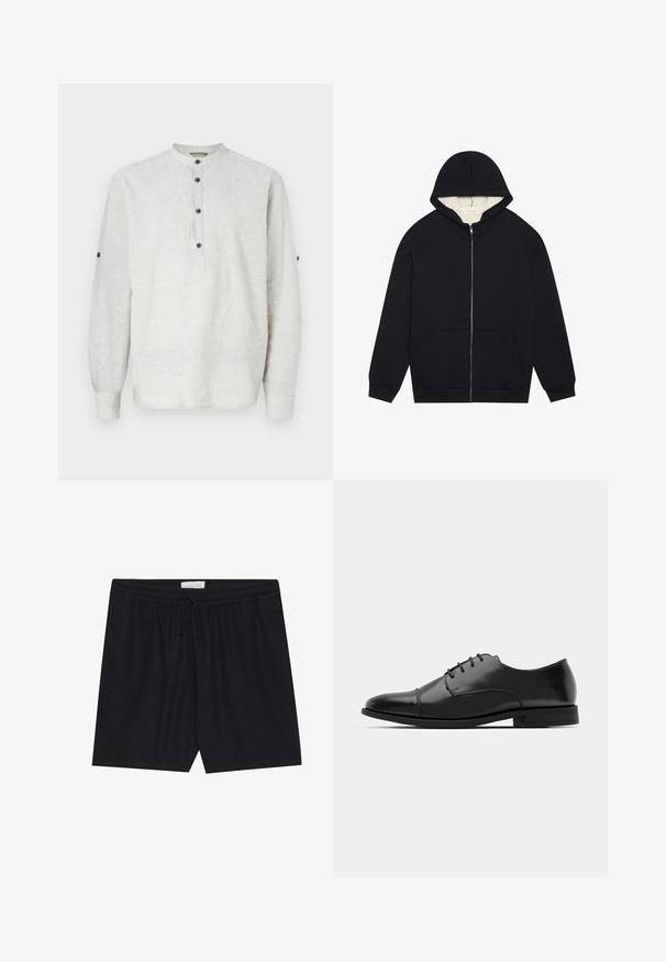 Sudadera con cremallera negra con un suave forro de franela color crema. Presenta una capucha, bolsillos frontales y puños acanalados. Diseño sencillo.; Camisa de manga larga gris claro hecha de lino, con cuello alzado, tapeta de tres botones y detalles de botones en las mangas.; Shorts negros con cintura elástica y cordón ajustable, que presentan una textura suave y corte recto, ideal para el uso casual.; Zapato de vestir de cuero negro con punta redondeada, diseño con cordones, detalles de costura sutiles y un tacón bajo. Textura suave con acabado pulido.