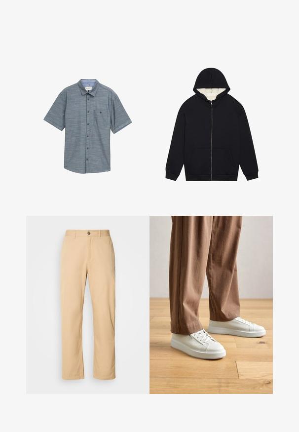 Felpa nera con zip e una morbida fodera in pile color crema. Presenta un cappuccio, tasche frontali e polsini a costine. Design semplice.; Camicia a maniche corte con bottoni in tessuto testurizzato azzurro chiaro, dotata di taschino sul petto e bottoni marroni. Collo e polsini in blu a contrasto.; Pantaloni in cotone khaki con design a gamba dritta, dotati di chiusura frontale con bottone e passanti per cintura. Tessuto liscio e superficie semplice.; Persona che indossa sneakers bianche testurizzate a bassa altezza e pantaloni larghi marroni, in piedi su un pavimento in legno chiaro.