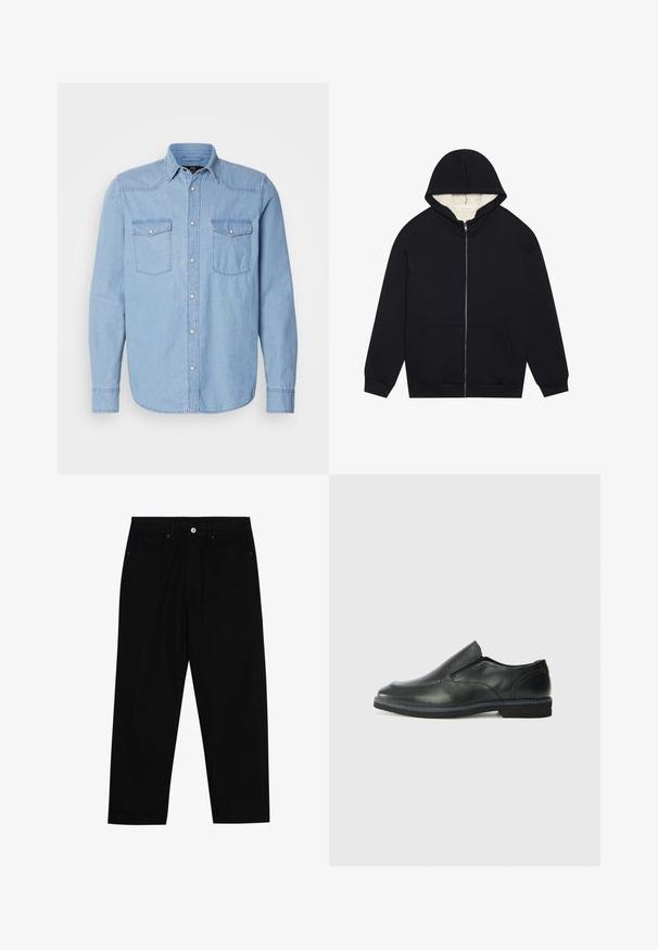 Hanorac negru cu fermoar, căptușit cu fleece crem moale. Dispune de glugă, buzunare frontale și manșete ribbate. Design simplu.; Cămașă din denim de un albastru deschis, având mâneci lungi, două buzunare la piept, închidere prin butoane în față și un guler clasic cu detalii de cusătură albă.; Pantaloni negri din denim cu croială dreaptă, design cu cinci buzunare și închidere frontală cu nasture. Textură netedă cu detalii de cusătură minime.; Pantof de piele neagră, tip slip-on, cu un superior neted, accente cusute, vârf rotunjit și un toc jos din cauciuc. Talpa are un profil minim de aderență.
